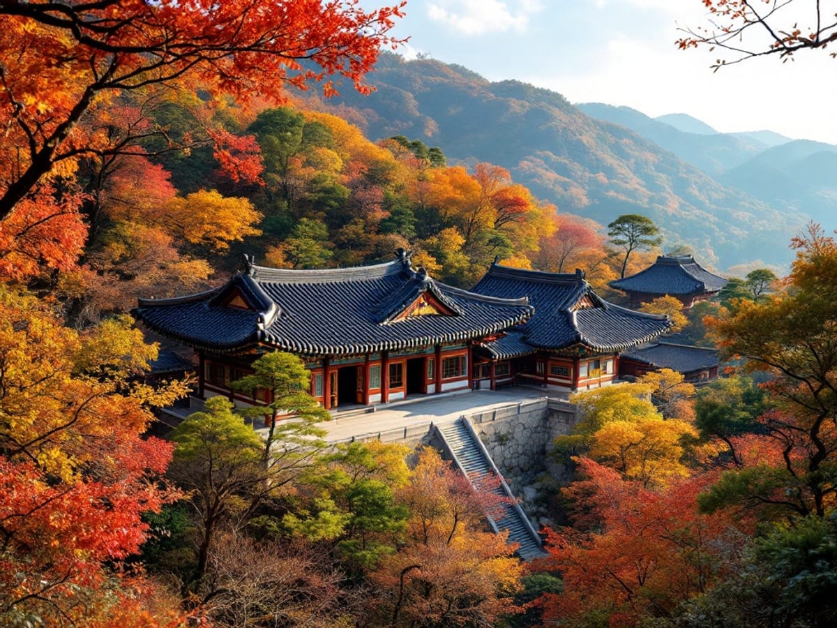 Temple bouddhiste coréen niché dans la forêt de montagne