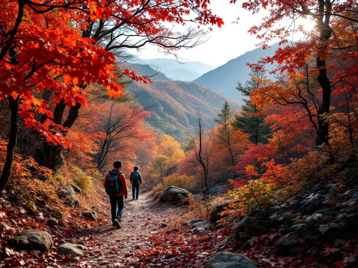 Forêt coréenne aux couleurs d'automne et sentier de montagne