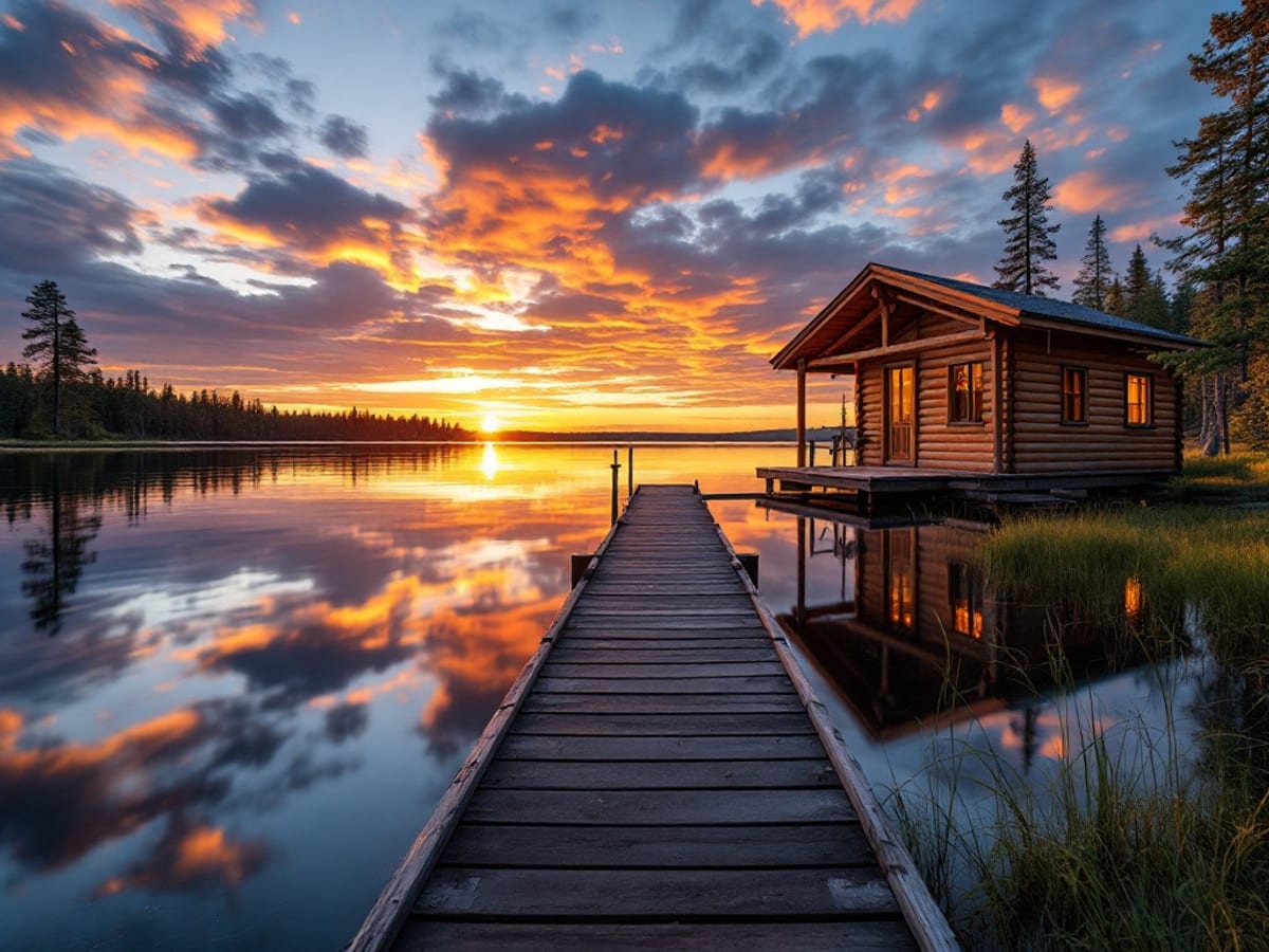 Chalet de bois au bord d'un lac finlandais sous le soleil de minuit