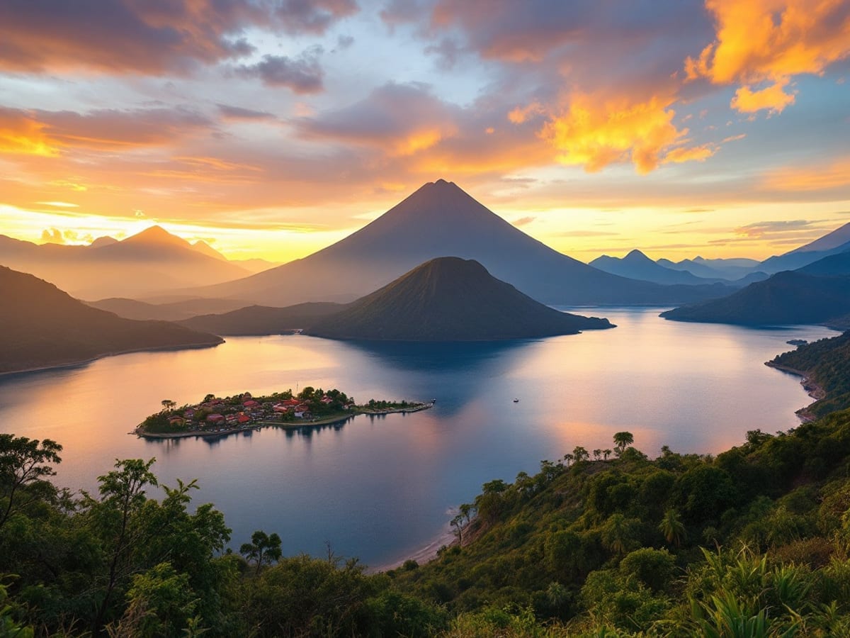 Lac Atitlán entouré de ses volcans au lever du jour