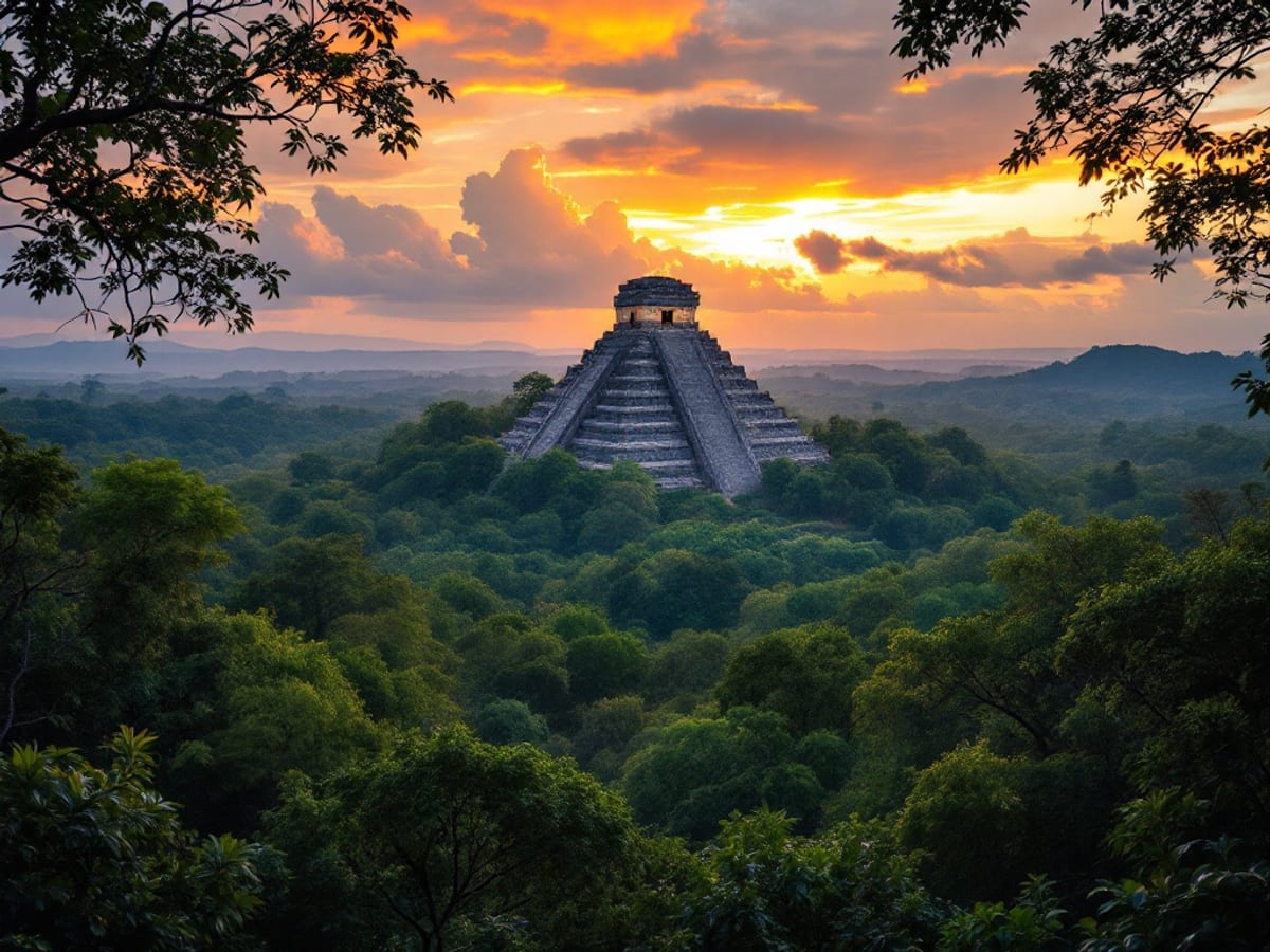 Temple-pyramide de Tikal émergeant de la canopée