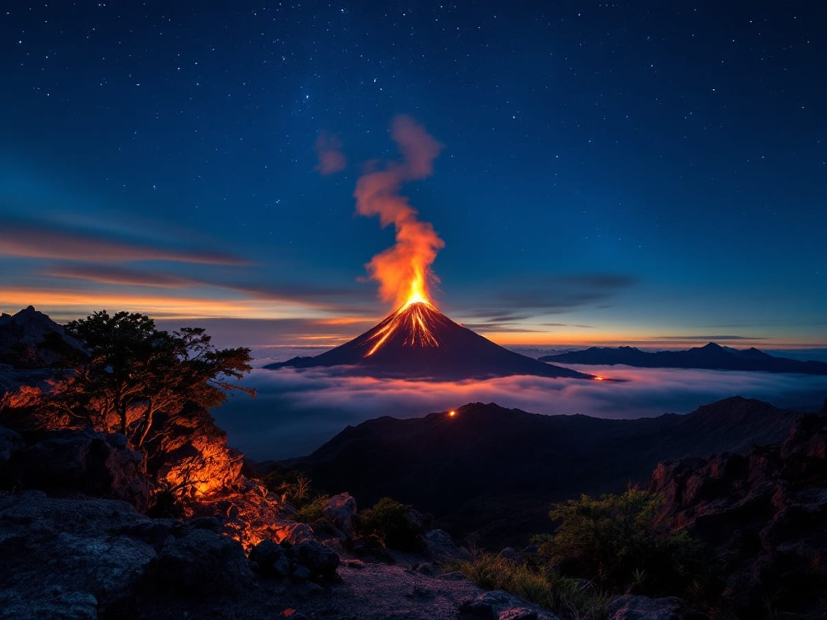 Volcan en éruption vu depuis un bivouac de montagne