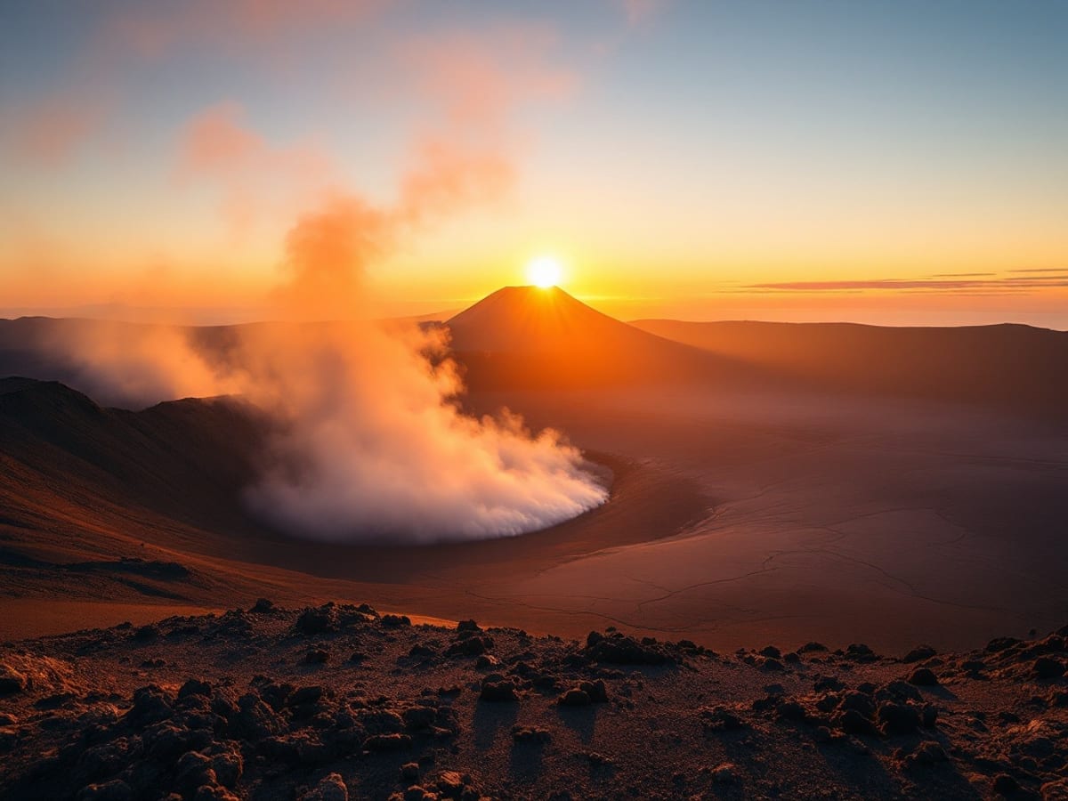 Cratère volcanique fumant et paysage minéral à Java