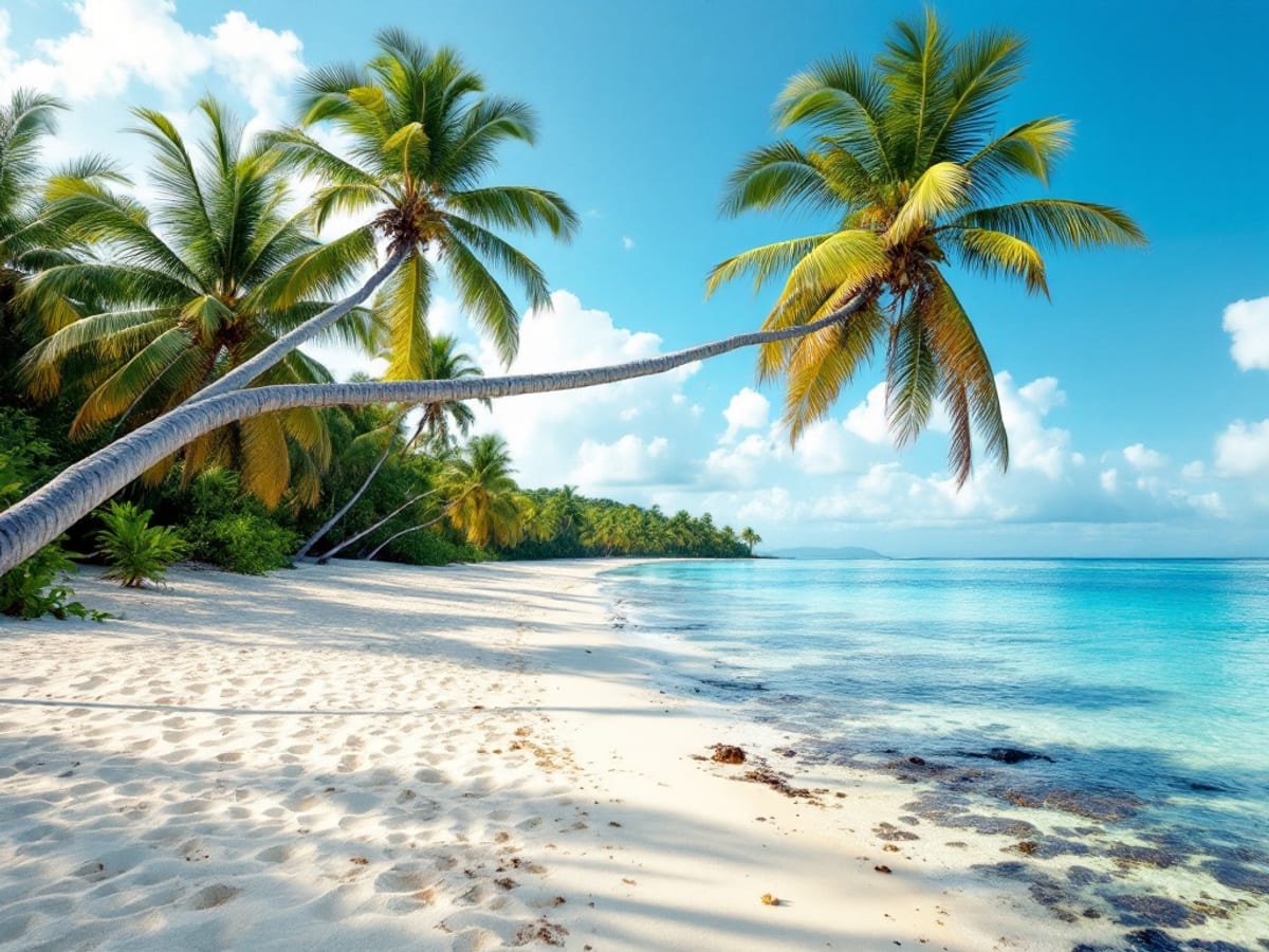 Longue plage de sable blanc et cocotiers en Jamaïque