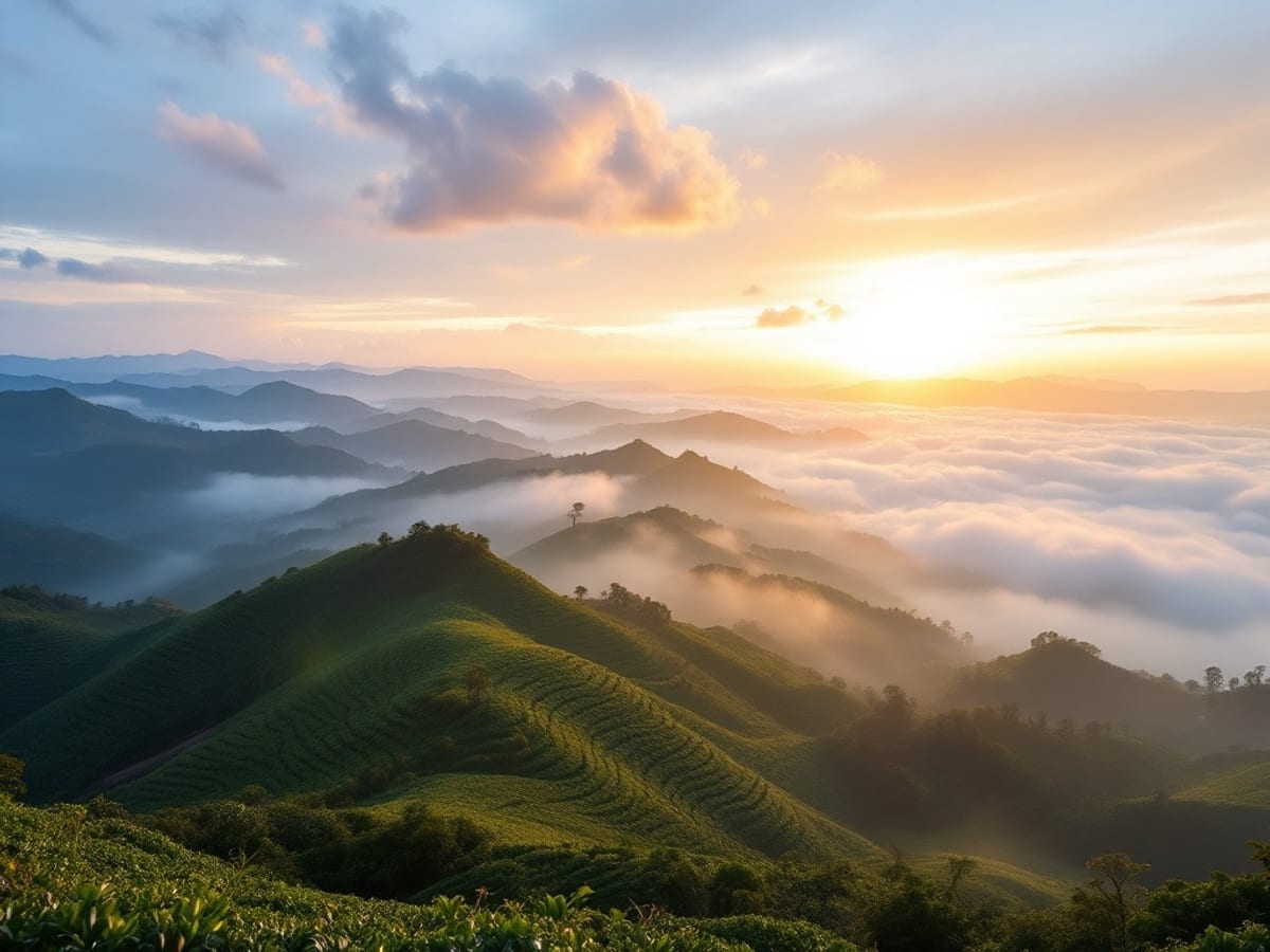 Plantations de café et reliefs verdoyants des Montagnes Bleues