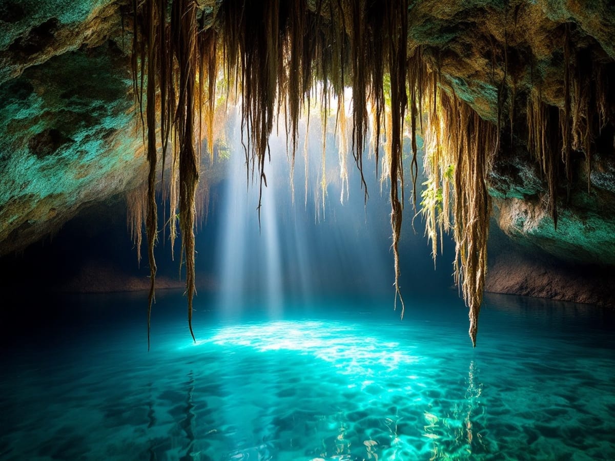 Cénote souterrain aux eaux turquoise dans la jungle du Yucatán