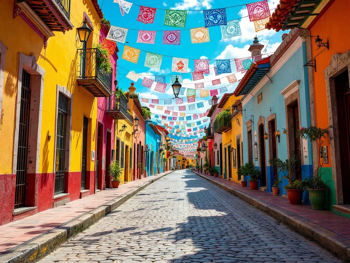 Rue colorée et façades pastel d'une ville coloniale mexicaine