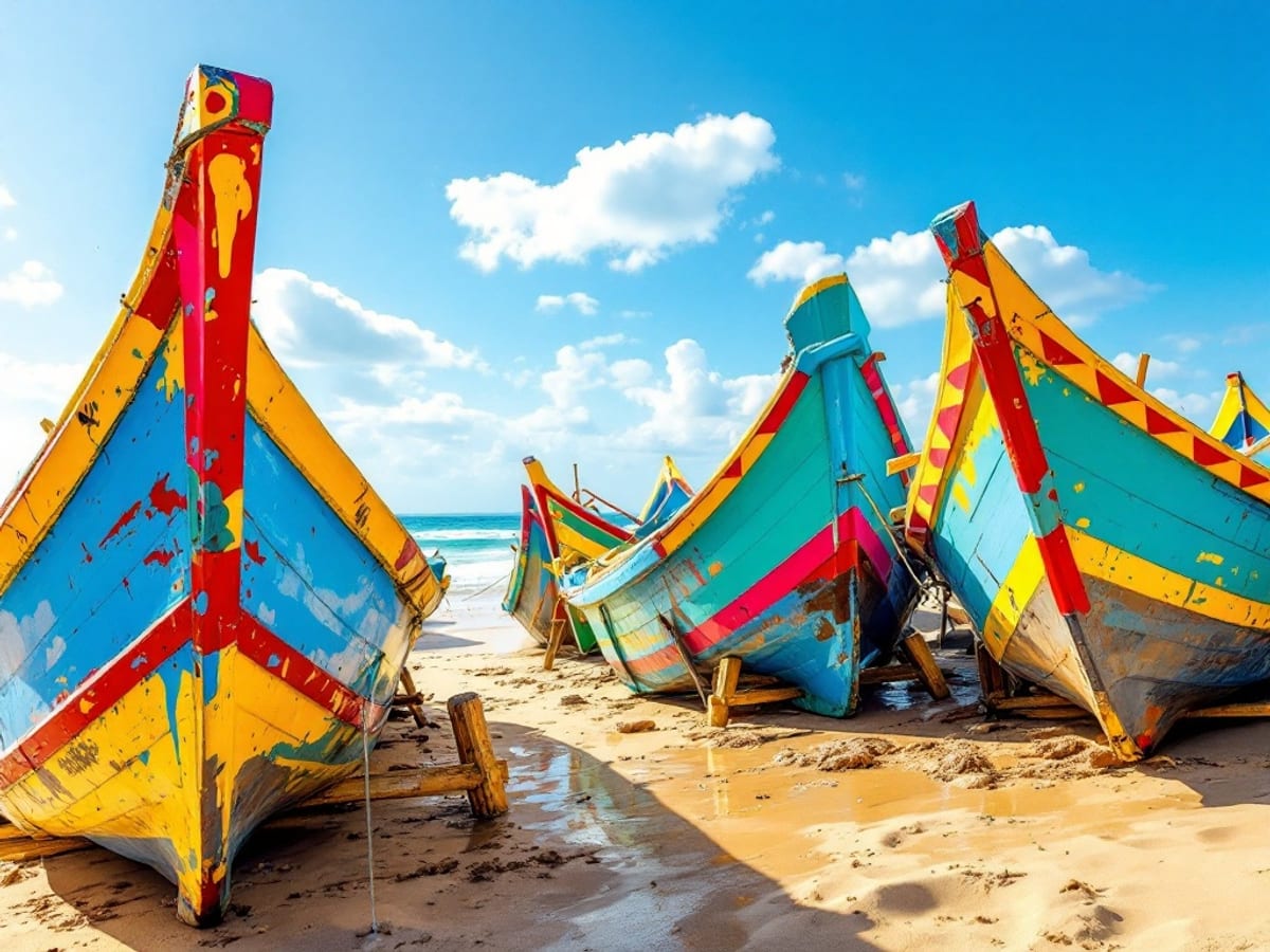 Pirogues de pêche colorées échouées sur une plage sénégalaise