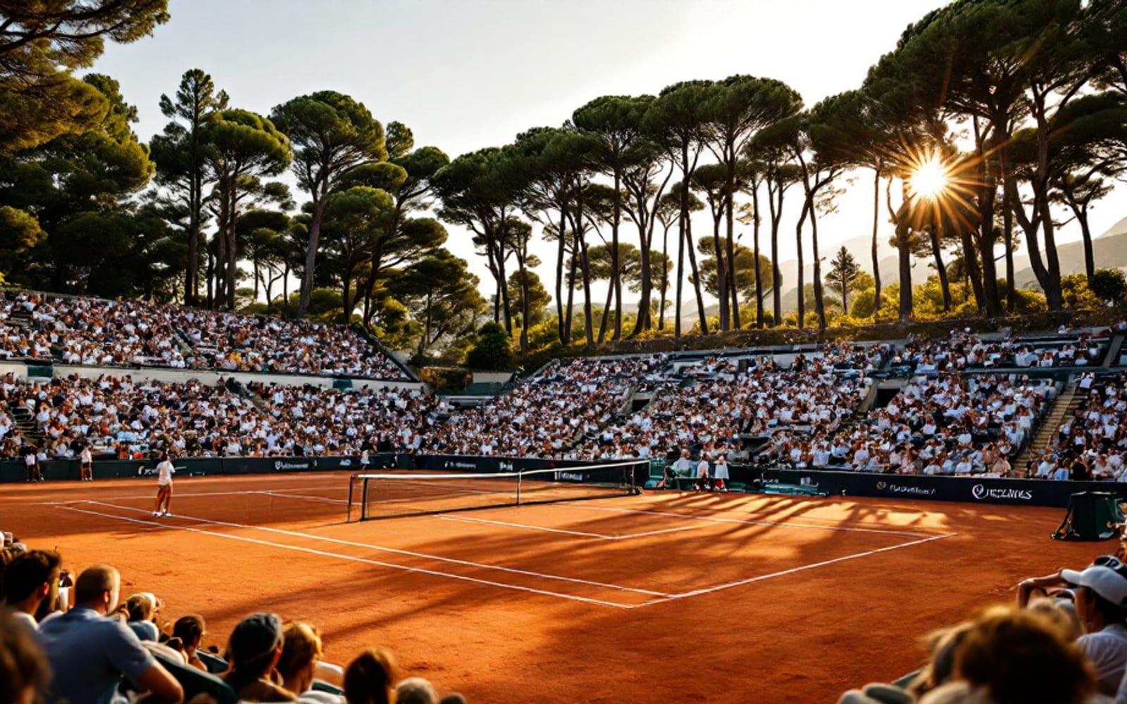 Court de terre battue entouré de tribunes
