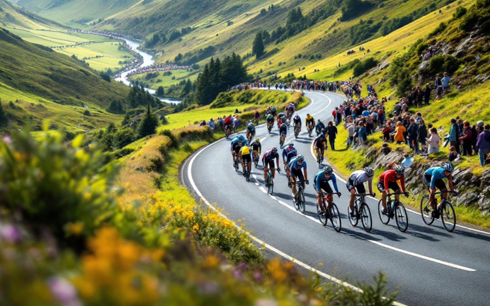 Peloton cycliste sur une route vallonnée bordée de spectateurs