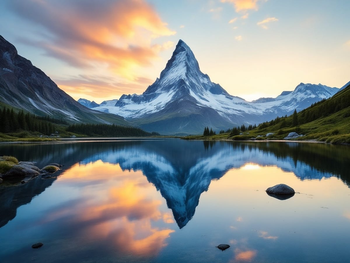 Le Cervin se reflétant dans un lac de montagne au lever du jour