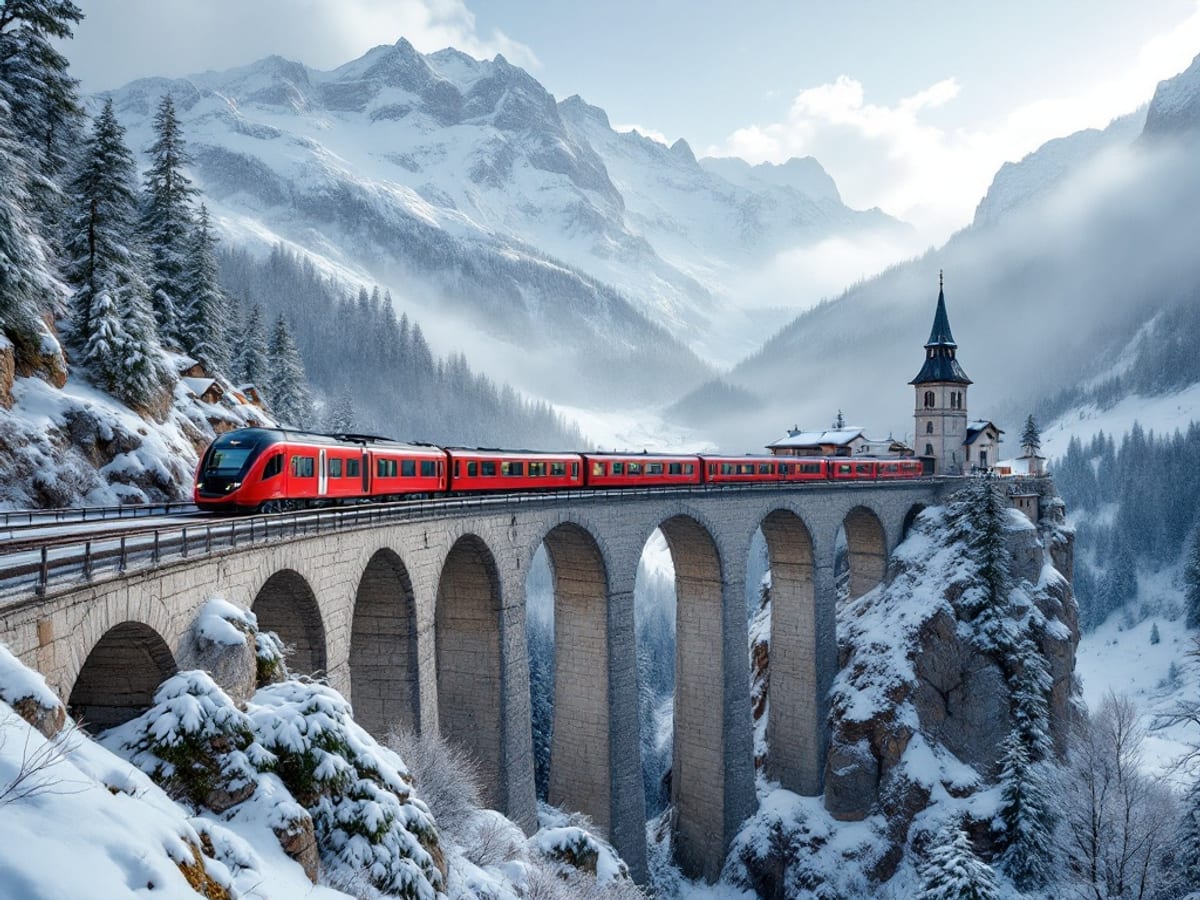 Train panoramique franchissant un viaduc dans les Alpes suisses