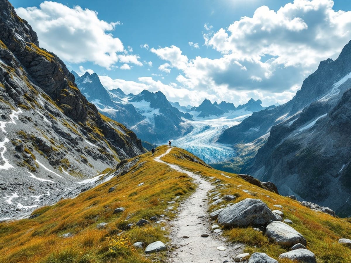 Sentier de randonnée d'altitude face aux glaciers suisses