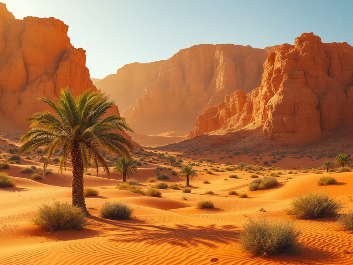 Dunes du Sahara tunisien et palmeraie d'oasis