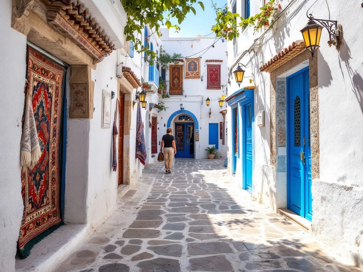Ruelle voûtée et échoppes d'une médina tunisienne